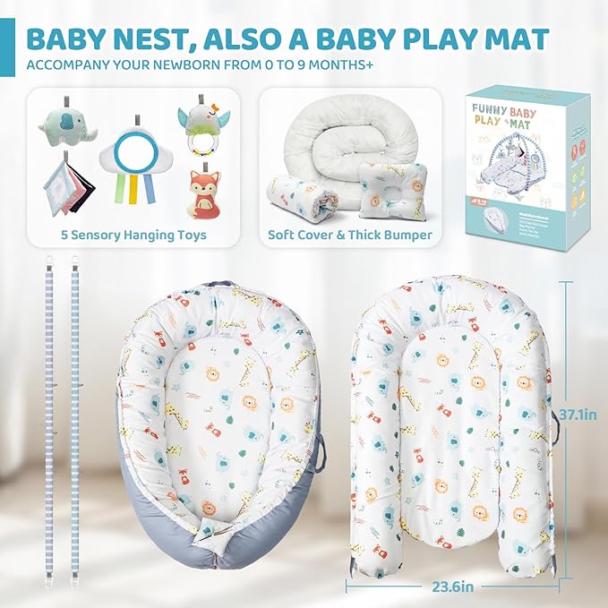 Baby Play Mat, 7-in-1 Infant Gym Mat for Sensory and Motor Development, Washable & Portable Newborn Tummy Time Activity Mat for Home & Travel, Babies Gift for 0-3-6-9-12-18 Months