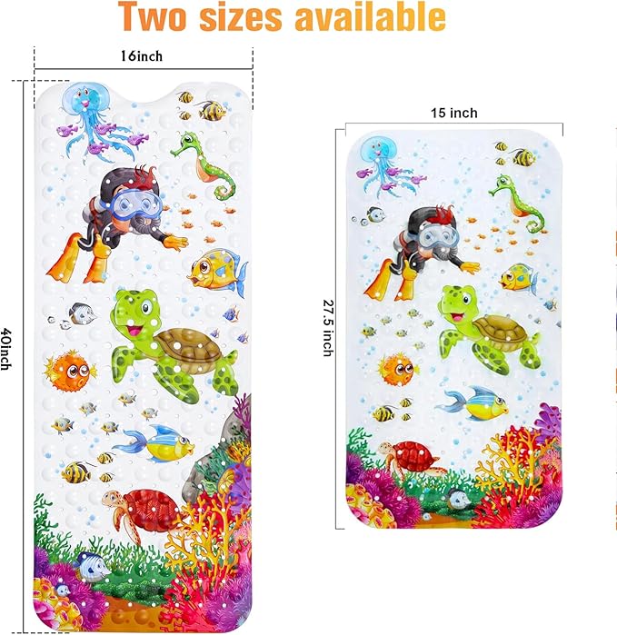 Bath Mat for Tub Non Slip, Machine Washable Anti Slip Cartoon Baby Bathtub Shower Mat with Drain Holes and Suction Cups for Toddler & Kids, 27.5 Inch x 15 Inch-Rectangular, Turtle