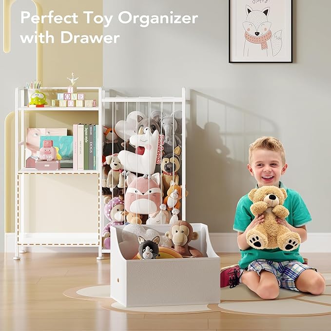 BBLIKE Kids Bookshelf and Toy Storage Organizer, Stuffed Animal Storage Holder with Fabric Toy Chest, 2-Tier Toddler Book Shelf for Kids Room, Playroom, Nursery, White