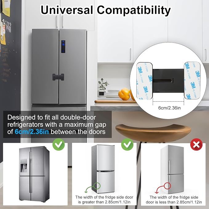 Fridge Locks for Kids, Child Proof Refrigerator Lock, Baby Safety French Fridge Door Lock, Child Cabinet Locks with Strong 3M Adhesive, No Drill, Tool-Free Install (1 Pack, Black)