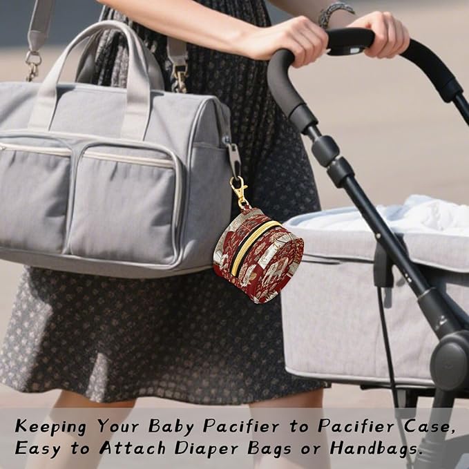 Pacifier Holder with Clip Pacifier Case for Diaper Bag Round Baby Pacifier Pouch Box Bag Portable Red Floral Retro Elephants