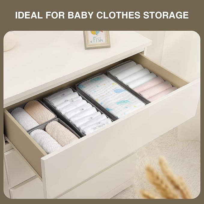 DIMJ Drawer Organizers Clothes, Set of 4 Dresser Organizer Bins, Fabric Closet Organizers and Storage, Shallow Drawer Dividers for Nursery, Clothing, Baby Clothes, Socks, Underwears, Tie (Grey)