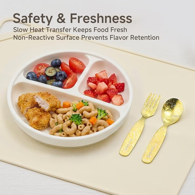 KINGSTONE Toddler Utensils Set, Pure Titanium 2-Piece Fork & Spoon Gift Set, Lightweight Kids Silverware for Self-Feeding Training, Easy Grip, BPA-Free, Dishwasher-Safe, Gold