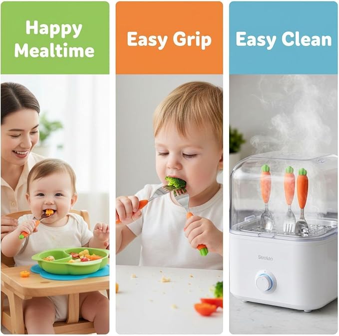 2 Pcs Little One Utensils Set, 304 Stainless Steel Fork and Spoon with Food-Safe Silicone Handle, Carrot Design, Sized for Little One Self-Feeding