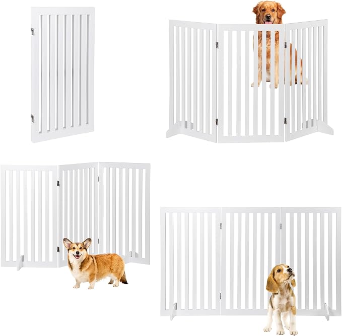 Nouva 36" H Pet Gate, 3 Panels Indoor Foldable Dog Fence, Dog Gate for Stairs Doorways, Hardwood Pet Gate, Freestanding Pet Fence, White