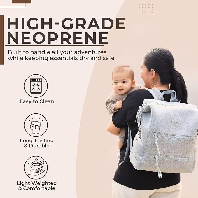 BUNSO Neoprene Diaper Bag Backpack, Water-resistant, Travel Baby Bag With Changing Pad, Stroller Straps, Wet Bag and Pouch (Gray)
