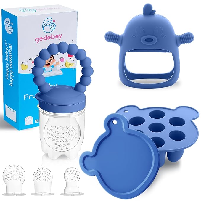 3-in-1 Baby Food & Fruit Feeder Set ??Breastmilk Popsicle Mold with Freezer Tray, Teething Relief Toy, BPA Free Infant Silicone Feeding Combo, 3 Bonus Sizes (S/M/L) Sacs (Steel Blue)