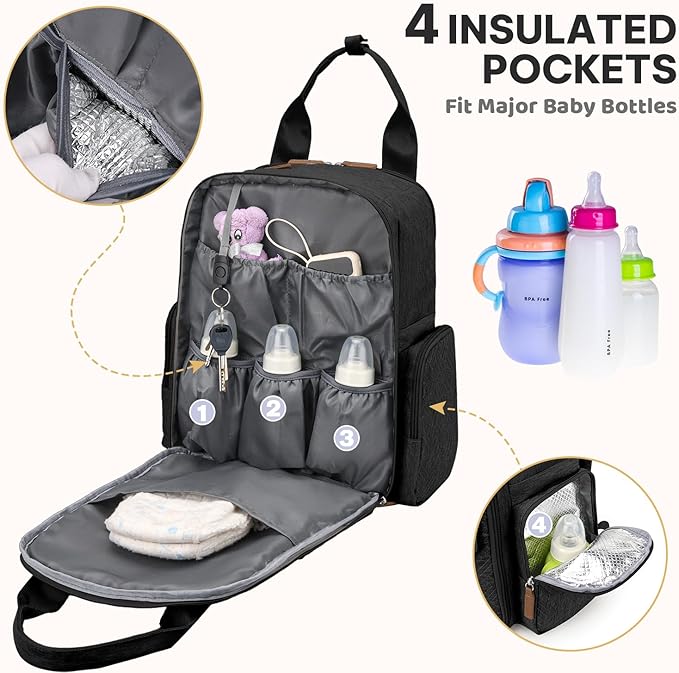JSTPRO Diaper Bag Backpack - Large Diaper Bag with Portable Changing Pad as Baby Shower Gifts, Lightweight Waterproof Unisex Travel Baby Bag with 4 Insulated Pockets and Stroller Buckles, Black