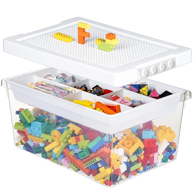 loobuu Plastic Storage Bins with Lids - 1 Set Stackable Arts Crafts Organizer Box with Removable Divided Tray &Compatible Building Baseplate,Toy Chest Containers for Bricks -White(14.37"x9.64"x6.69")