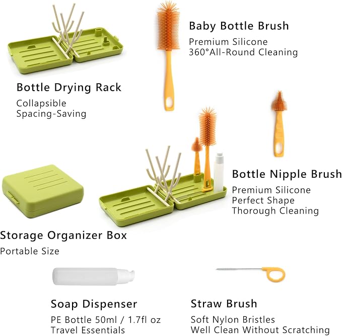 Portable Baby Bottle Brush Kit Premium Silicone Bottle Cleaner Brush, Nipple Brush, Straw Brush, Soap Dispenser, Bottle Drying Rack, and a Storage Organizer Case for Both Home and Travel Uses (Green)