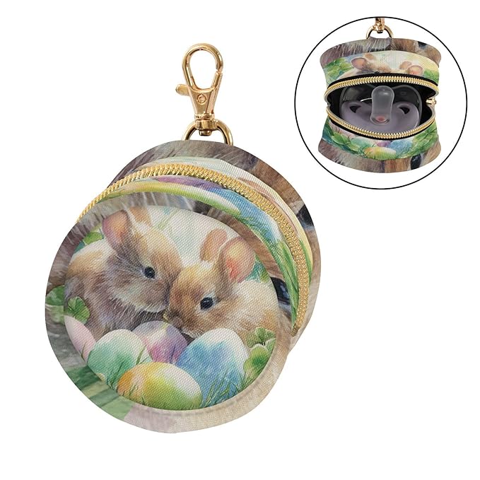 Pacifier Holder with Clip Pacifier Case for Diaper Bag Round Baby Pacifier Pouch Box Bag Portable Watercolor Easter Bunny Clover