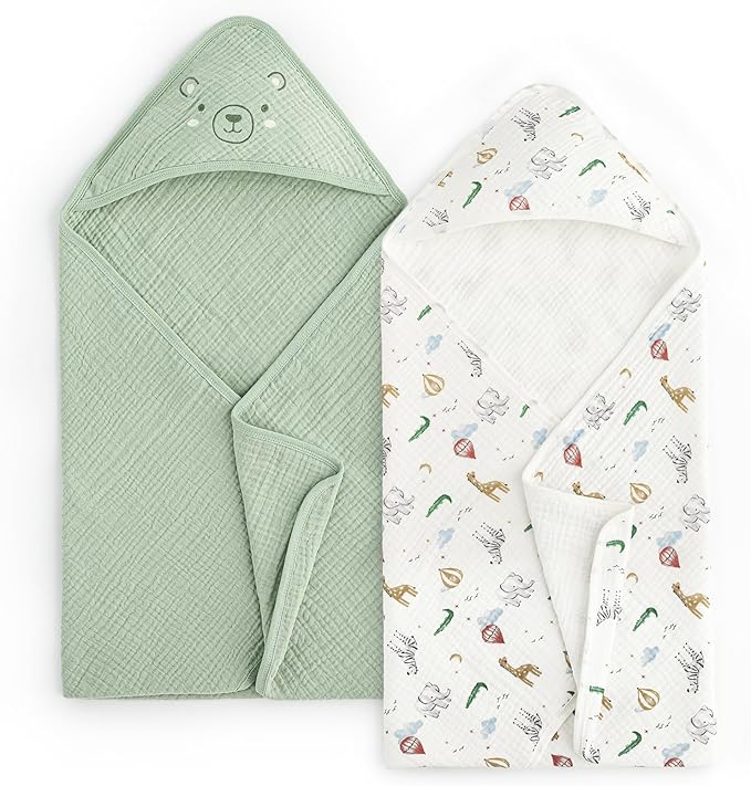 david's kids 2 Pack Hooded Baby Towels, Large 32"x32", 6 Layer 100% Muslin Cotton Highly Absorbent Boy Girl Bath Towel for Newborn, Infant, Toddler, Ultra Soft and Breathable Baby Essentials, Animals