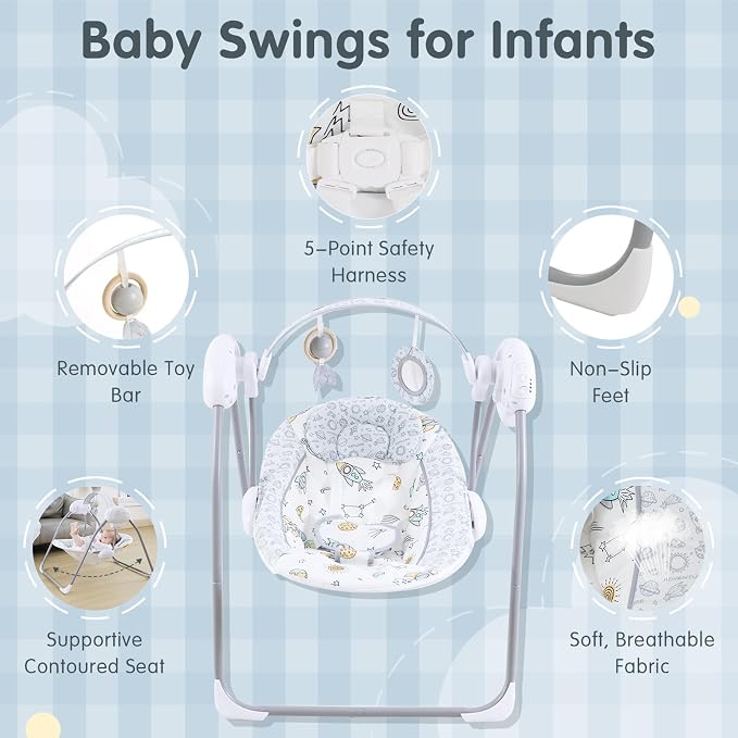 Baby Swings for Infants, Portable Baby Swing with Music, 5 Speed Levels, Timer, Infant Swing for Indoor Outdoor Use, 0-9 Months Up to 20 lbs
