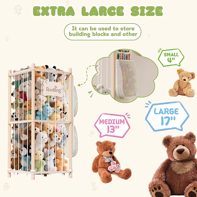Stuffed Animal Storage & Organizer, 54 inch Tall Wooden Cute Zoo Toy Holder w/Building Block Storage Bag, Premium Wooden Material with Elastic Cord for Toddler Rooms, Playrooms (Small)