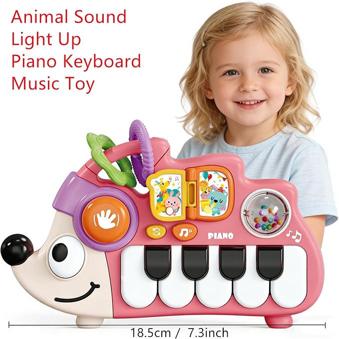 Baby Piano Drum Music Toy 6-12 Months, Hedgehog Light Up Musical Keyboard Animal Sound, Toddler 12-24 Early Learning Educational Interactive Infant Toys Girl Boy Gift 1 Year Old