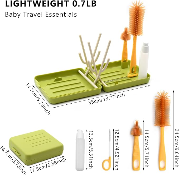 Portable Baby Bottle Brush Kit Premium Silicone Bottle Cleaner Brush, Nipple Brush, Straw Brush, Soap Dispenser, Bottle Drying Rack, and a Storage Organizer Case for Both Home and Travel Uses (Green)