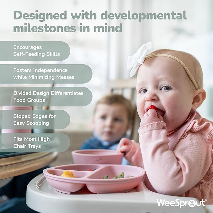 WeeSprout Suction Plates with Lids for Babies & Toddlers - 100% Silicone, Dinnerware Stays Put, Divided Design for Picky Eaters, Microwave & Dishwasher Friendly, 3 Pack