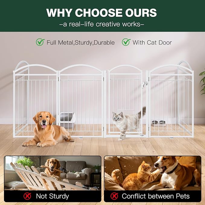 Metal Freestanding Dog Gate with Cat Door for Indoor & Outdoor,30" Tall Foldable Dog Fence,160" Extra Wide Freestanding Pet Gate for Large Openings,RV Camping,Stairs,Deck,Yard,Doorways(8 Panels,White)