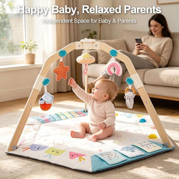 Baby Play Gym Activity Mat with Multiple Developmental Zones, Stage-Based Play for Infant Motor Skills, 5 Detachable Sensory Toys, Easy to Install & Clean, Baby Essentials Shower Gift