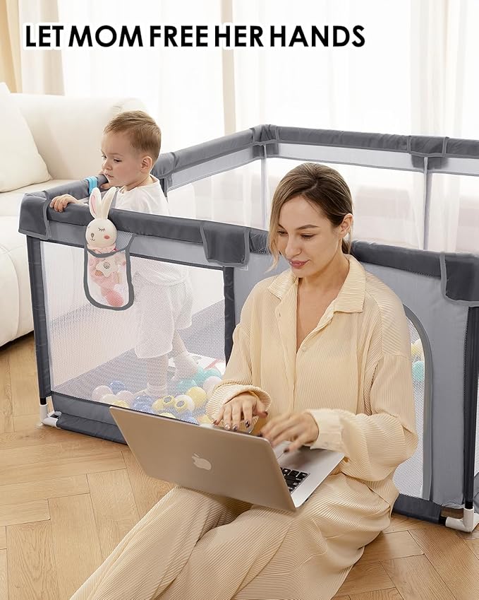 dearlomum Baby Playpen with Non Removable Mat, Extra Large Play Yard for Babies & Toddlers, Portable Travel Playpen, Baby Activity Center for Indoor & Outdoor Use (Gray 59"×71")