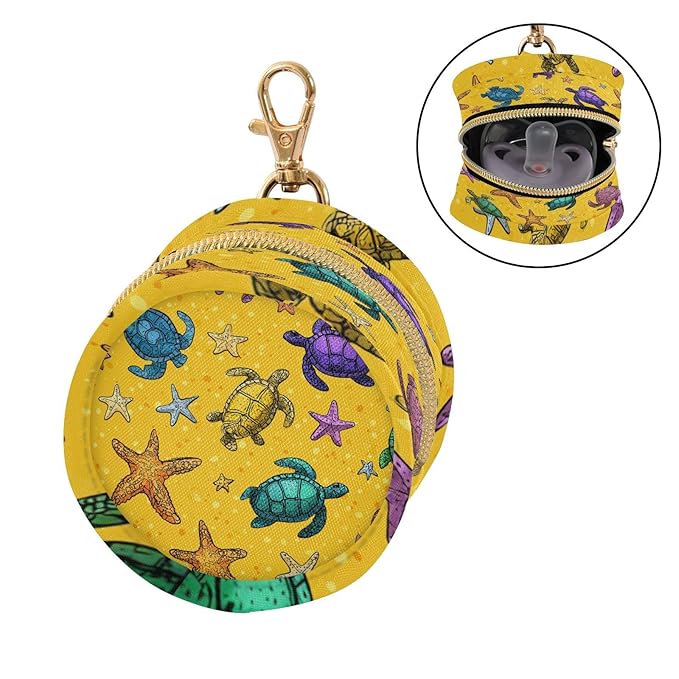 Pacifier Holder with Clip Pacifier Case for Diaper Bag Round Baby Pacifier Pouch Box Bag Portable Bright Yellow Turtles and Starfish