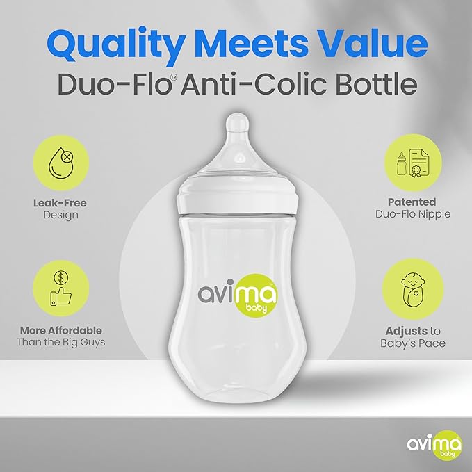 Avima Baby Wide Neck Bottle Starter Kit ??12 Piece Set. Anti Colic Feeding Set w/ 4 oz & 9 oz Baby Bottles, Slow & Medium Flow Nipples & Pacifiers, BPA Free