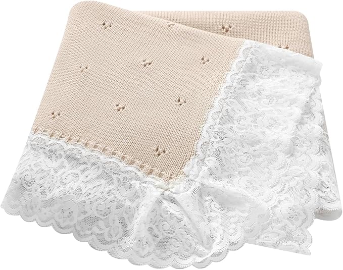 Hadetoto Cotton Lace Knit Baby Blankets, Super Soft Lightweight Crib Blanket for Infant Boys Girls, Nursery Bedding (Khaki)