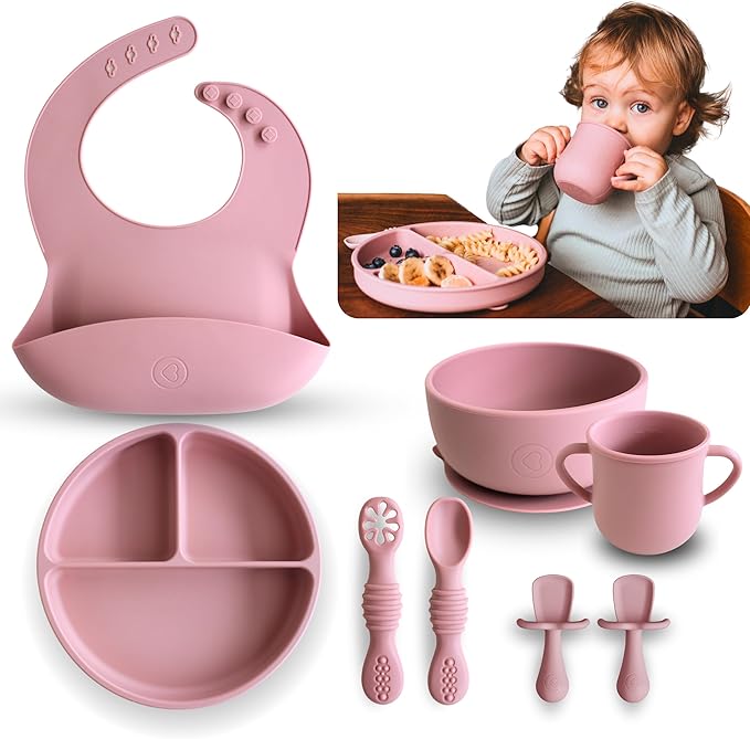 BPA-Free Silicone Baby Feeding Set ??Baby Utensils 6??2 Months, Suction Plate & Bowl, Cup, Bib & Training Spoons | Food Grade Silicone, Dishwasher Safe Baby Eating Set