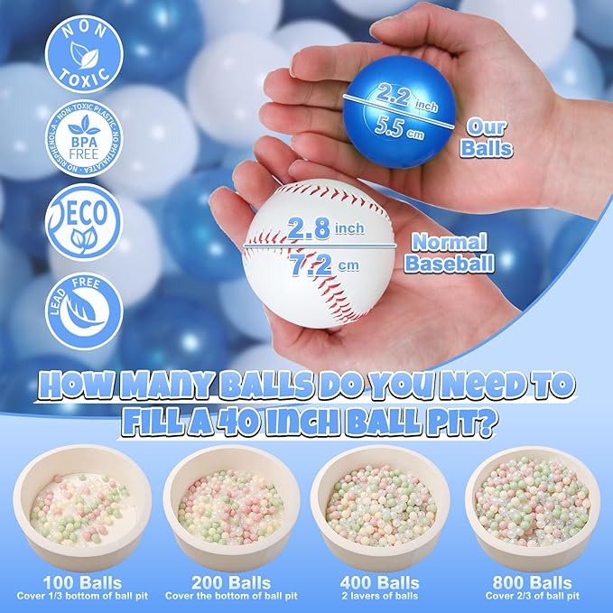 GOGOSO Ball Pit Balls for Toddler, Baby Plastic Playballs Kids Soft Pastel Pelotas Non-Toxic BPA-Free Pearl Blue+Light Blue+White 50 Balls