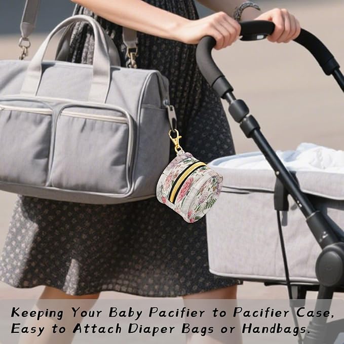 Pacifier Holder with Clip Pacifier Case for Diaper Bag Round Baby Pacifier Pouch Box Bag Portable White Hydrangeas Hummingbirds Butterflies Spring