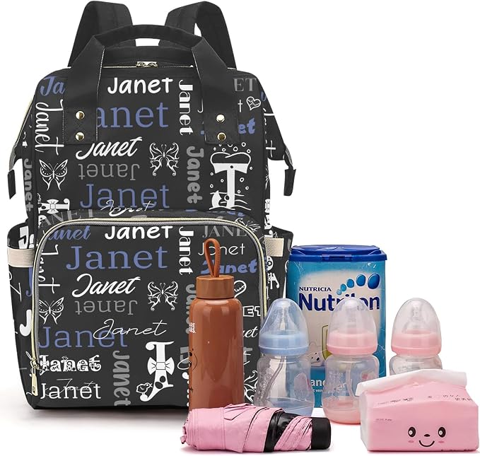 Custom Diaper Bag with Name Personalized Multifunctional Mommy Backpack for Daughter Granddaughter, Black Daypack Bag for Travel