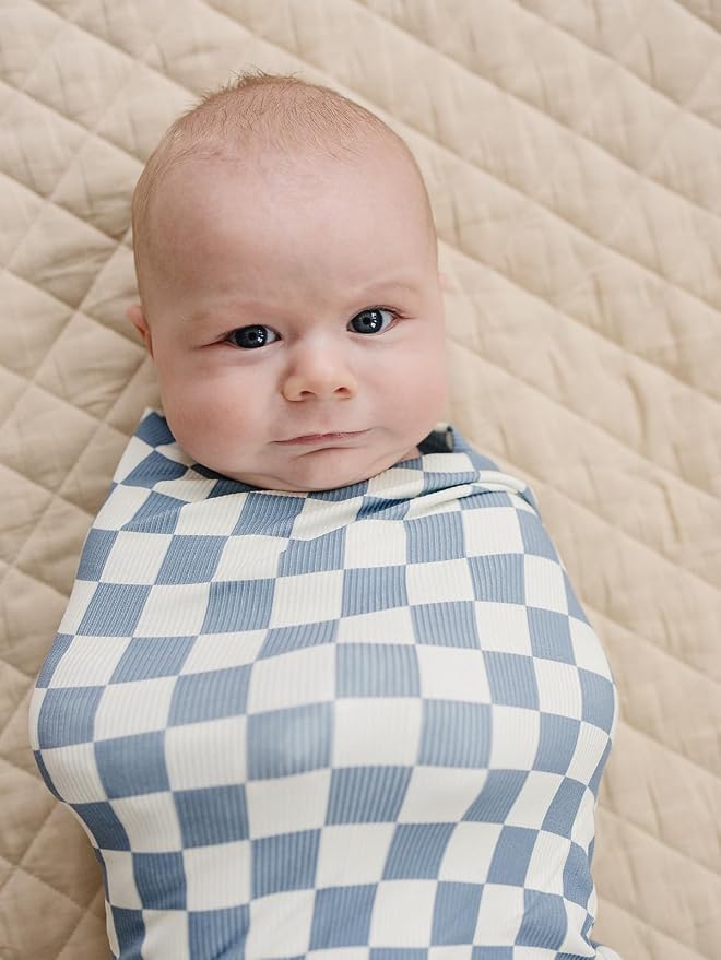 Mebie Baby Blue Checkered Stretch Swaddle, Modern and Neutral Swaddle Blanket for Baby Girl or Boy, Soft Baby Blankets, Newborn Swaddle Blanket, 0-3 Month, Comfy Wrap, Baby Essentials (47" x 47")