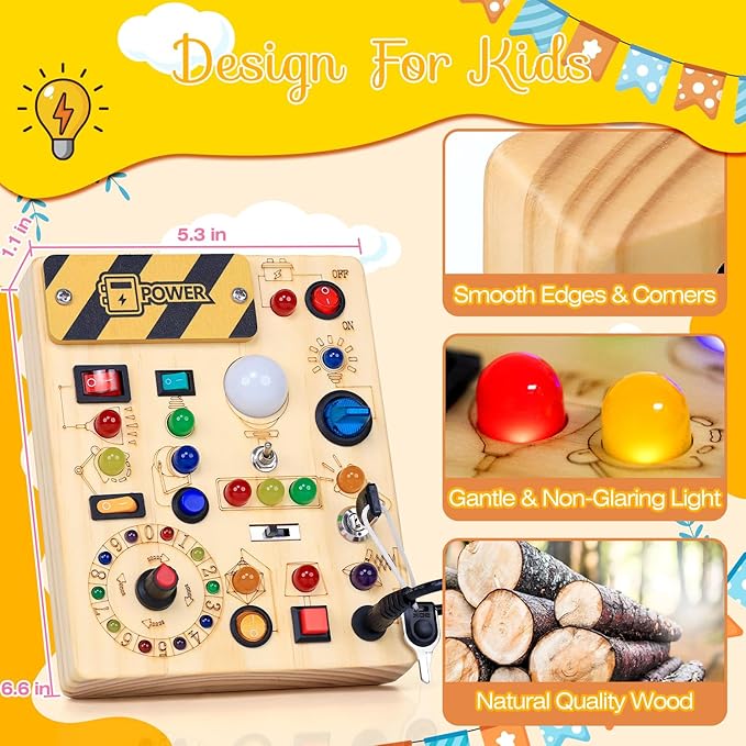 RichBoy Busy Board Montessori Sensory Toy, 37-in-1 Switch Board with 24 LED Lights, Birthday Gift for 1 2 3 Year Old Boys Girls, Safety for Toddlers Home Travel Essentials (6.7" X 5.3")