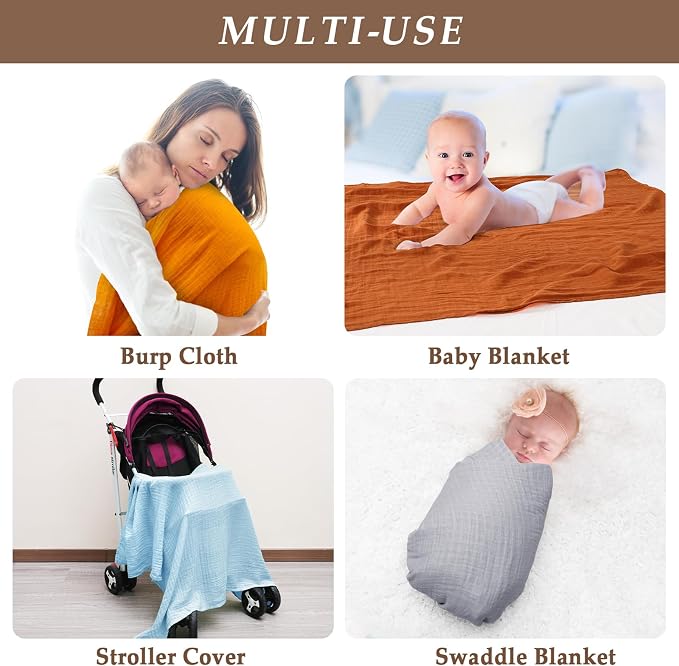 david's kids 4 Pack Baby Muslin Swaddle Blankets 47" x 47", 100% Cotton Swaddling Blankets Wrap for Boys Girls, Ultra Soft Breathable Receiving Blanket, New Born Essentials, Grey&Brown&Ginger&Blue