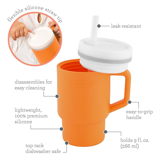 Infantino My 1st Tumbler, 9 Oz. Silicone Sippy Cup with Straw & Handle, Spill-Resistant Baby Cup for On-the-Go, BPA-Free Transition Bottle, Creamsicle