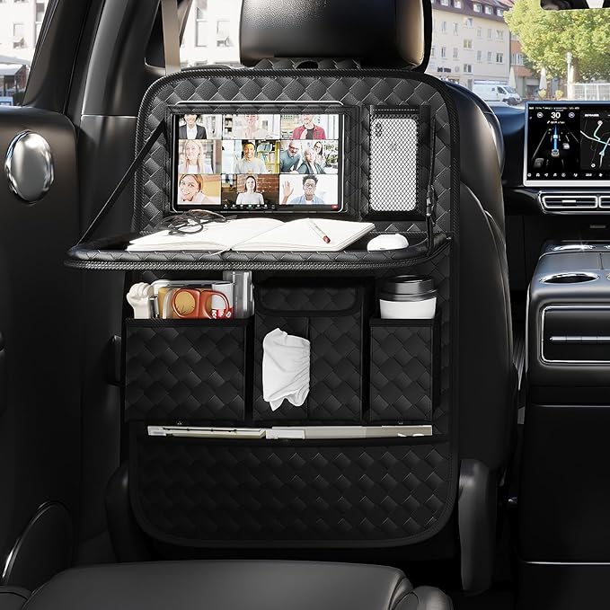 GMQ Back Seat Car Organizer 1 Pack,Backseat Organizer with Tray,Multifunctional Car Seat Back Storage Box with Foldable Tablet Holder (Black, Weave)