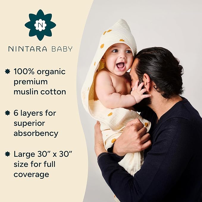 Hands-Free Hooded Towel 100% Organic Premium Muslin Cotton, 30" x 30", Ultra-Absorbent, Soft, Breathable, Hypoallergenic, Multipurpose, Gifts for Babies & Infants
