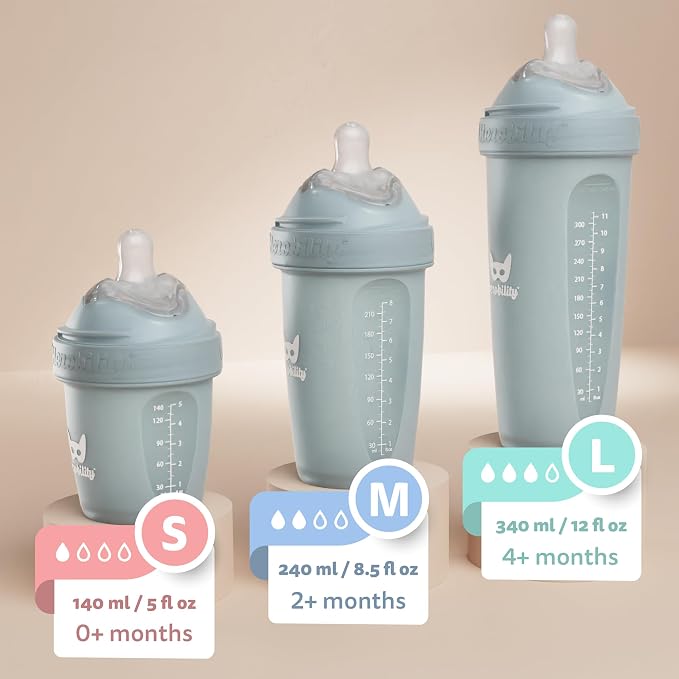 Herobility Anti-Colic Baby Bottles 8.5 fl oz/240ml - Pack of 3 Plastic Baby Bottles, Medium Flow Plastic Bottles, Breast-Shaped Teat for Breastfed Babies, Small Baby Bottles, Swedish Design, Peach