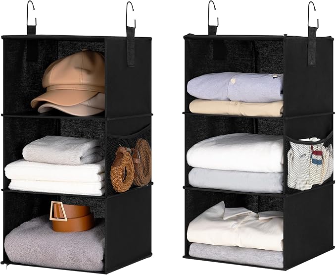 StorageWorks Hanging Closet Organizer 6-Shelf, Separable Two 3 Shelf Closet Storage Organizer with Side Pockets, Portable Hanging Shelves for Clothes, Sweater, Towels, 12" D x 12" W x 48¼"H, Black