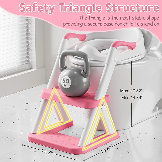 Potty Training Toilet Seat with Steps, 2-in-1 Toddler Toilet Seat for Boys Girls with Splash Guard Soft Anti-Slip Pad,Bright Pink