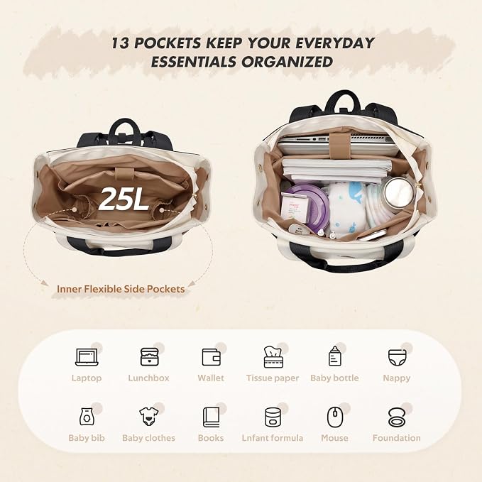 GOLF SUPAGS Diaper Bag Backpack with Portable Changing Pad 25L Baby Bag Insulated lunch box Backpack Fits 17.3" Laptop (Black)
