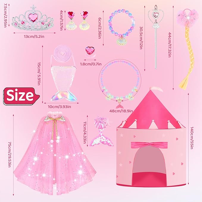 13 Pcs Castle Play Tent with LED Star Lights - Princess Dress-Up Set with Crown for Little Girls - Princess Toy Tent - Indoor and Outdoor Girls Castle Playhouse - Pink