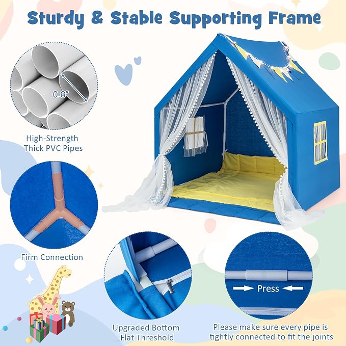 HONEY JOY Kids Tent, Large Kids Play Tent w/Washable Padded Mat, Star Lights, Flags, Windows & Storage Pocket, Indoor Outdoor Toddler Playhouse, 48” x 42” x 50”, Tent for Kids Boys Girls