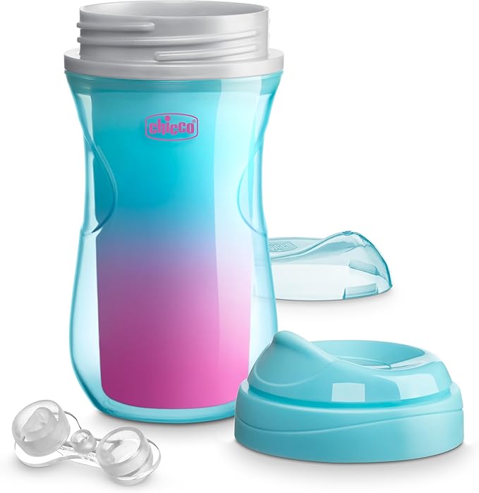 Chicco Insulated Sippy Cup 12+ Months, 9oz Toddler Training Cup with Bite-Resistant No-Spill Rim Spout, Double-Wall, BPA-Free, 2-Pack, Teal/Pink/Floral