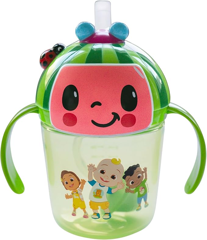The First Years Cocomelon Weighted Straw Cup - Spill Proof Toddler Straw Cups with Flip Top Cover - Transition Sippy Cups - Toddler Feeding Supplies - 7 Oz - Ages 6 Months and Up