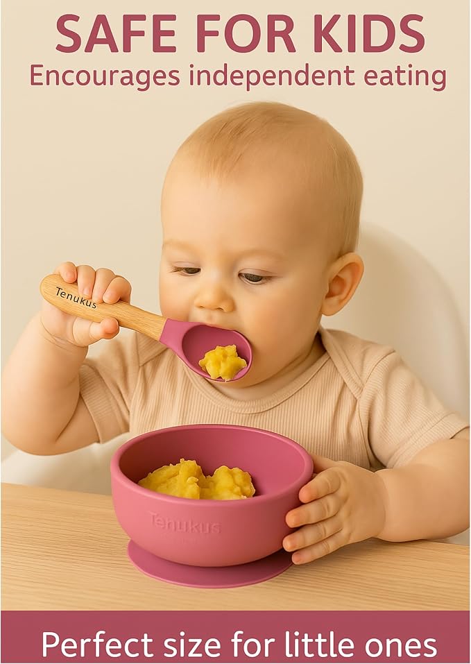 Silicone Suction Baby Bowl & Spoon Set – Soft Tip Spoon, BPA-Free, Dishwasher Safe – Rose Pink | Tenukus Feeding Set for Babies & Toddlers