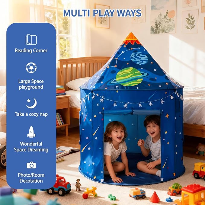 Rocket Space Ship Play Tent for Kids with Star Lights, Astronaut Themed Pop-Up Playhouse for Indoor & Outdoor, Foldable Space Adventure Gift for Boys and Girls