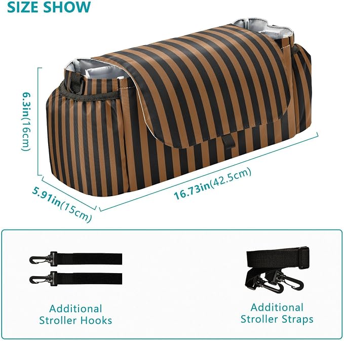 Baby Stroller Bag Brown Black Stripes Stroller Caddy Organizer Bag with Adjustable Straps Non-slip Hook Large Storage for Strollers