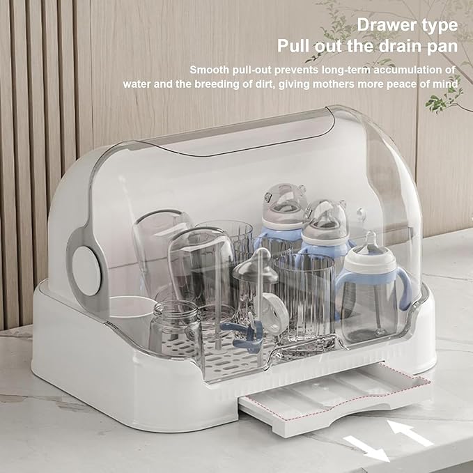 2025 Large Baby Bottle Organizer with Cover ＆ Removable Drain Tray, Dustproof Portable Baby Bottle Drying Rack Reusable Bottle Rack Holder Storage (Gray)