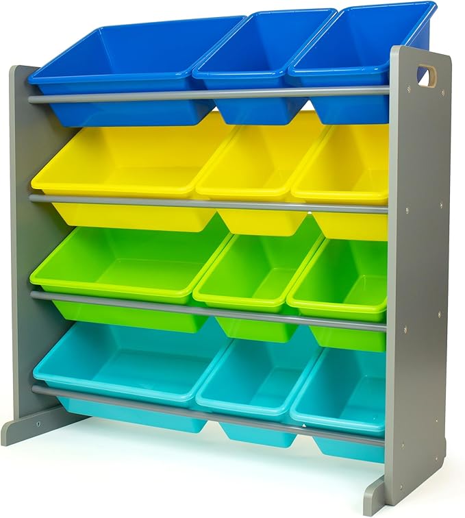 Humble Crew Kids Toy Storage Organizer with 12 Plastic Bins, Grey/Blue/Green/Yellow ??Removable Bins for Playroom, Bedroom, Toddler Furniture for Boys and Girls Ages